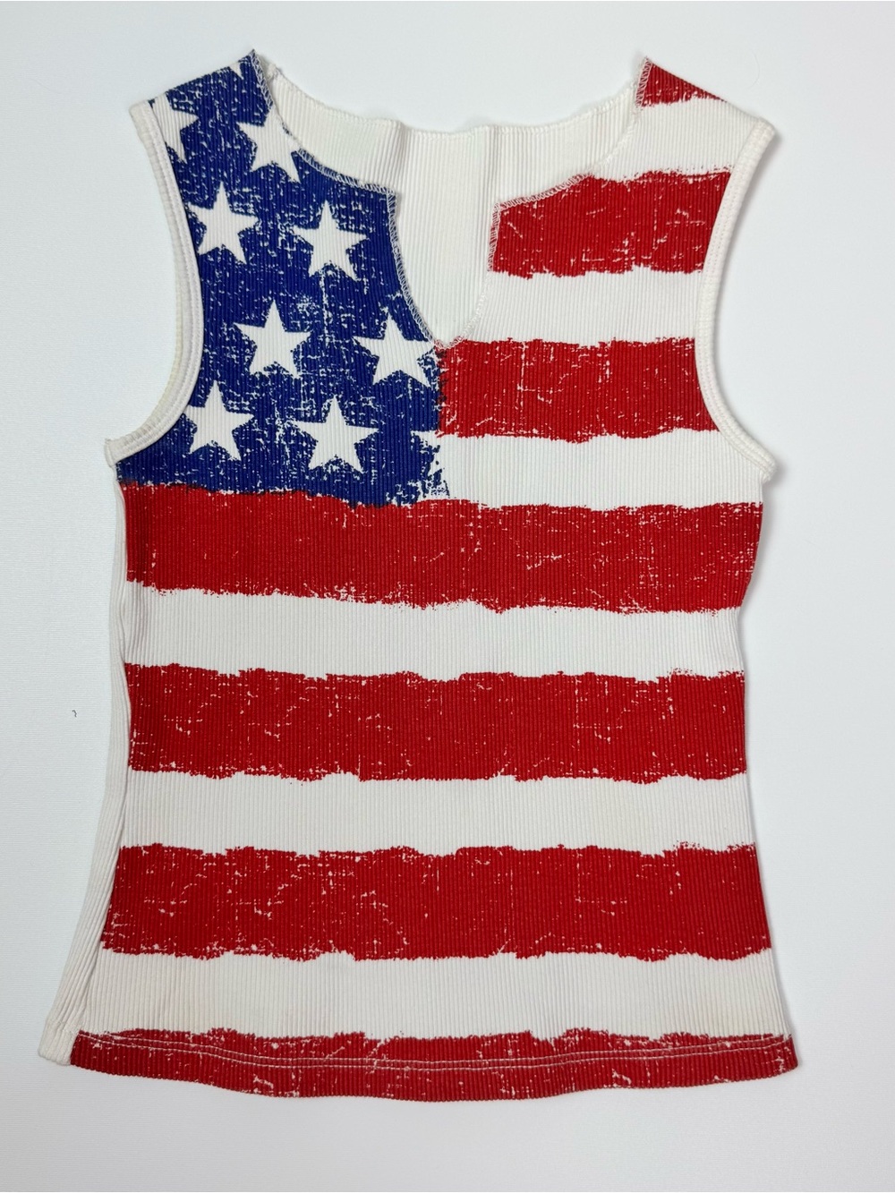 Sleeveless Ribbed Tank with American Flag Print - Red, White, Blue